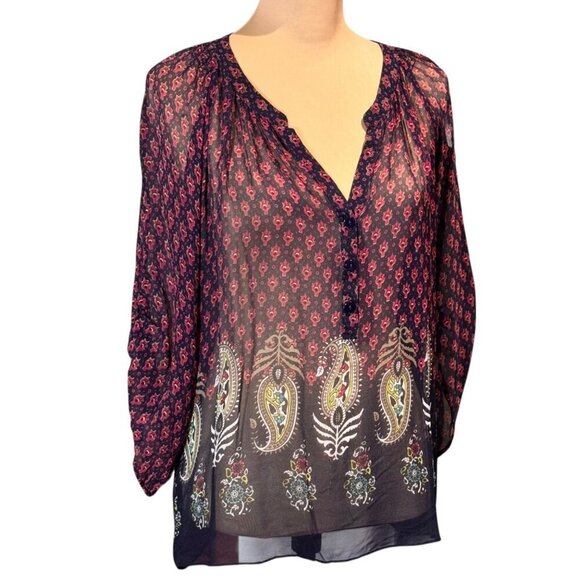 Whimsigoth Blouse Sz.L 100% Silk Printed Paisley Sheer Peasant Festival Boho - Picture 11 of 11